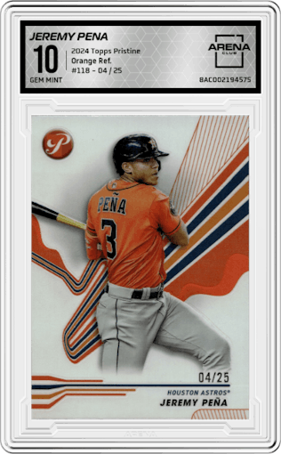 Jeremy Pena from the 2024 Topps Pristine set featuring a Orange Refractor parallel graded by Arena Club and given an overall grade of 10.