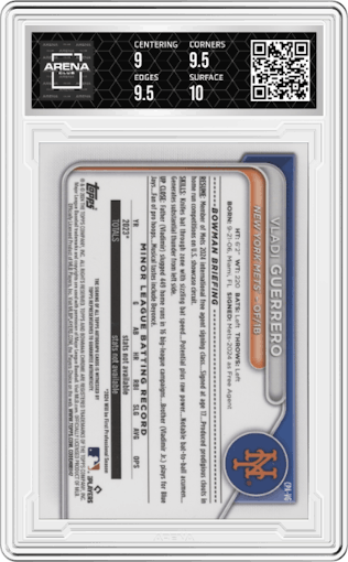 Vladi Guerrero from the 2024 Bowman Chrome set graded by Arena Club and given an overall grade of 9.5.