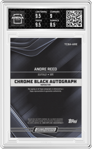 Andre Reed from the 2023 Topps Composite set featuring a Refractor parallel graded by Arena Club and given an overall grade of 9.