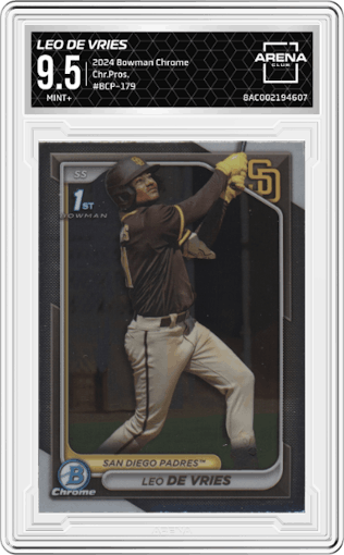 Leo De Vries from the 2024 Bowman Chrome set graded by Arena Club and given an overall grade of 9.5.