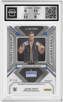 Grayson Waller from the 2024 Panini Prizm WWE set featuring a Red Prizm parallel graded by Arena Club and given an overall grade of 10.
