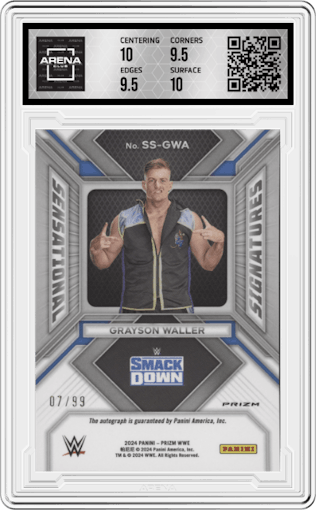 Grayson Waller from the 2024 Panini Prizm WWE set featuring a Red Prizm parallel graded by Arena Club and given an overall grade of 10.