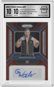 Grayson Waller from the 2024 Panini Prizm WWE set featuring a Red Prizm parallel graded by Arena Club and given an overall grade of 10.