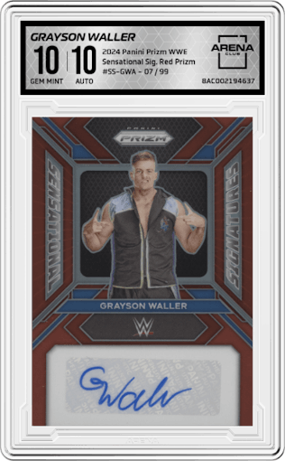 Grayson Waller from the 2024 Panini Prizm WWE set featuring a Red Prizm parallel graded by Arena Club and given an overall grade of 10.