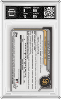 Leo De Vries from the 2024 Bowman Chrome set graded by Arena Club and given an overall grade of 9.