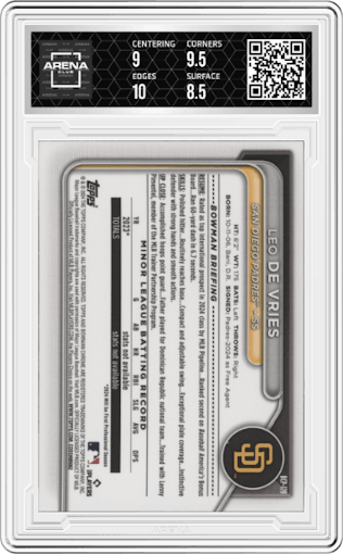 Leo De Vries from the 2024 Bowman Chrome set graded by Arena Club and given an overall grade of 9.