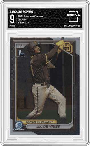 Leo De Vries from the 2024 Bowman Chrome set graded by Arena Club and given an overall grade of 9.