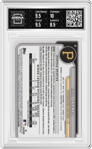 Paul Skenes from the 2024 Bowman Chrome set graded by Arena Club and given an overall grade of 9.