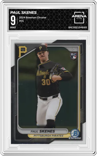 Paul Skenes from the 2024 Bowman Chrome set graded by Arena Club and given an overall grade of 9.