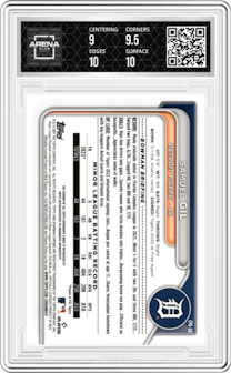Samuel Gil from the 2024 Bowman Chrome set featuring a Blue Refractor   parallel graded by Arena Club and given an overall grade of 9.5.