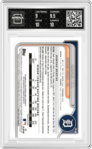 Samuel Gil from the 2024 Bowman Chrome set featuring a Blue Refractor   parallel graded by Arena Club and given an overall grade of 9.5.