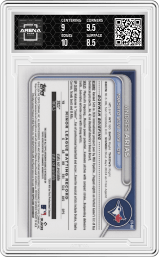 Andres Arias from the 2024 Bowman Chrome set graded by Arena Club and given an overall grade of 9.