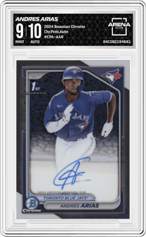Andres Arias from the 2024 Bowman Chrome set graded by Arena Club and given an overall grade of 9.