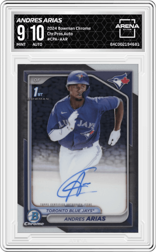 Andres Arias from the 2024 Bowman Chrome set graded by Arena Club and given an overall grade of 9.