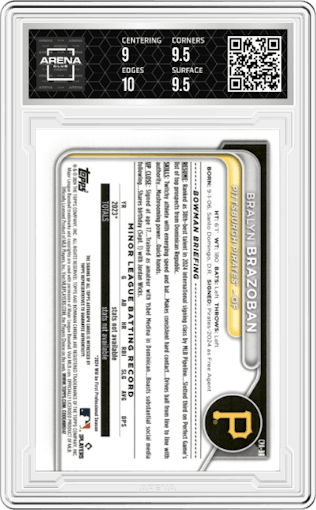 Bralyn Brazoban from the 2024 Bowman Chrome set featuring a HTA Choice Refractor parallel graded by Arena Club and given an overall grade of 9.5.