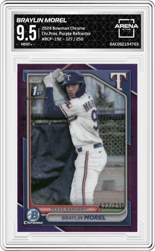 Braylin Morel from the 2024 Bowman Chrome set featuring a Purple Refractor parallel graded by Arena Club and given an overall grade of 9.5.