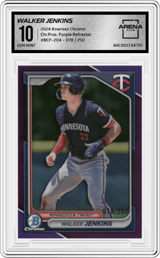 Walker Jenkins  from the 2024 Bowman Chrome set featuring a Purple Refractor parallel graded by Arena Club and given an overall grade of 10.