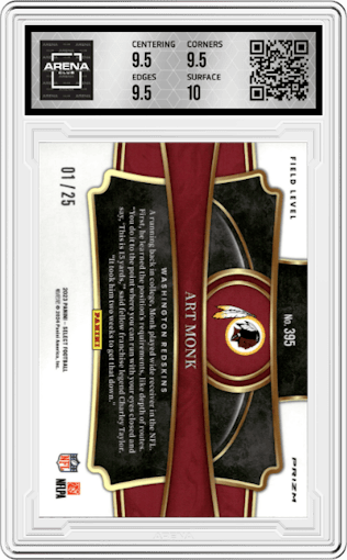 Art Monk from the 2023 Panini Select set featuring a Tie-Dye Prizm parallel graded by Arena Club and given an overall grade of 10.