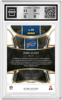 Josh Allen from the 2023 Panini Select set featuring a Tri-Color parallel graded by Arena Club and given an overall grade of 10.