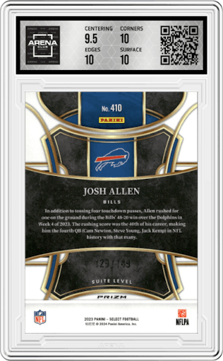 Josh Allen from the 2023 Panini Select set featuring a Tri-Color parallel graded by Arena Club and given an overall grade of 10.