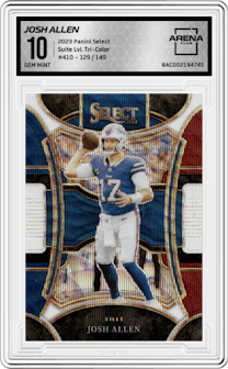 Josh Allen from the 2023 Panini Select set featuring a Tri-Color parallel graded by Arena Club and given an overall grade of 10.