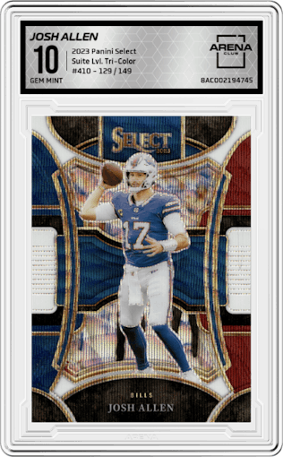 Josh Allen from the 2023 Panini Select set featuring a Tri-Color parallel graded by Arena Club and given an overall grade of 10.