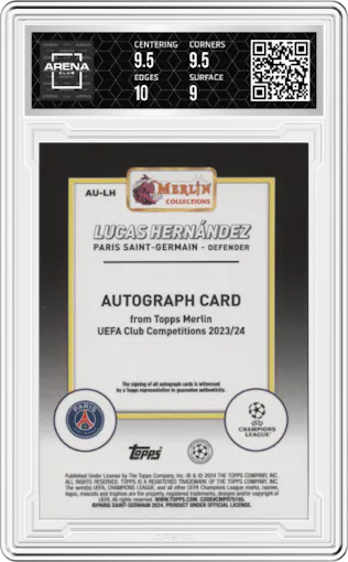 Lucas Hernandez from the 2023-24 Topps Merlin UEFA Club Competitions set graded by Arena Club and given an overall grade of 9.5.