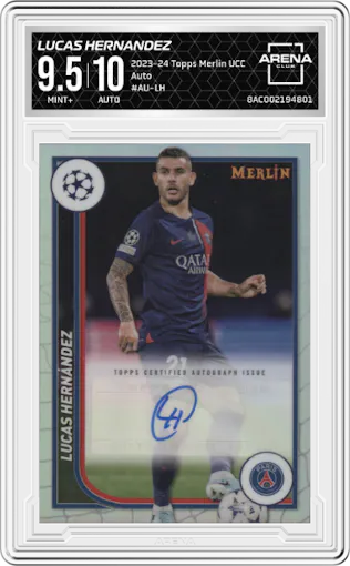 Lucas Hernandez from the 2023-24 Topps Merlin UEFA Club Competitions set graded by Arena Club and given an overall grade of 9.5.