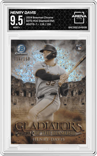 Henry Davis from the 2024 Bowman Chrome set featuring a Mini Diamond Refractor parallel graded by Arena Club and given an overall grade of 9.5.