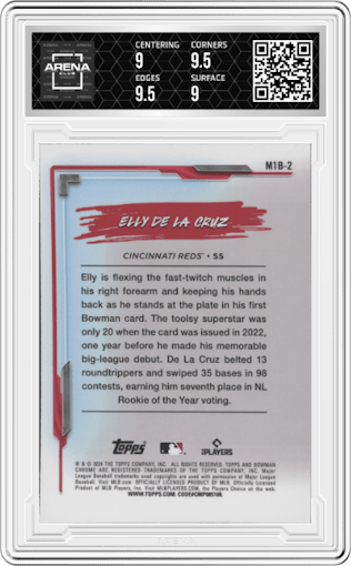 Elly De La Cruz from the 2024 Bowman Chrome set graded by Arena Club and given an overall grade of 9.5.