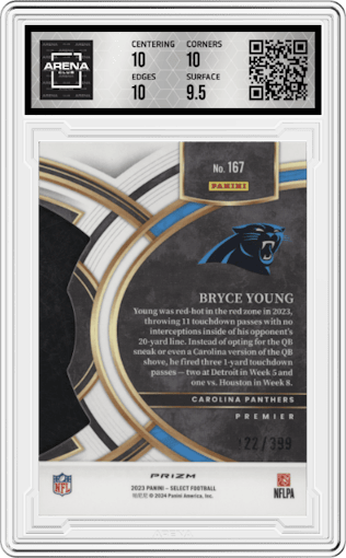 Bryce Young from the 2023 Panini Select set featuring a Die-Cut Orange parallel graded by Arena Club and given an overall grade of 10.
