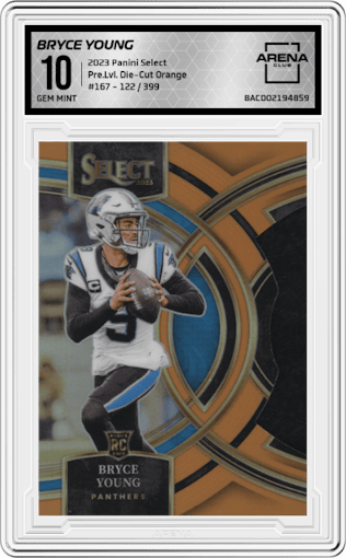 Bryce Young from the 2023 Panini Select set featuring a Die-Cut Orange parallel graded by Arena Club and given an overall grade of 10.
