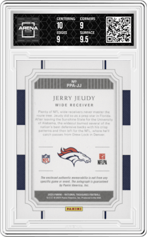 Jerry Jeudy from the 2020 Panini National Treasures set graded by Arena Club and given an overall grade of 9.5.