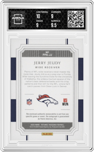 Jerry Jeudy from the 2020 Panini National Treasures set graded by Arena Club and given an overall grade of 9.5.