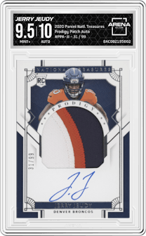 Jerry Jeudy from the 2020 Panini National Treasures set graded by Arena Club and given an overall grade of 9.5.