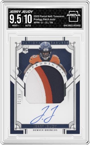 Jerry Jeudy from the 2020 Panini National Treasures set graded by Arena Club and given an overall grade of 9.5.