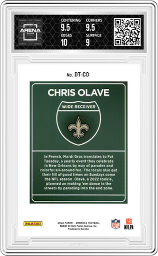 Chris Olave from the 2022 Panini Donruss set graded by Arena Club and given an overall grade of 9.5.