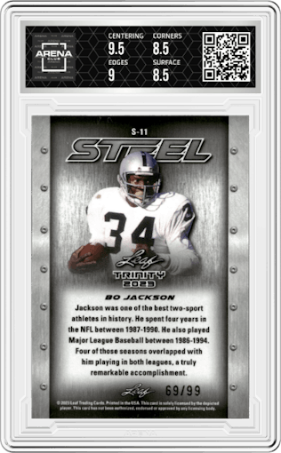 Bo Jackson from the 2023 Leaf Trinity Megabox set featuring a Lava parallel graded by Arena Club and given an overall grade of 9.