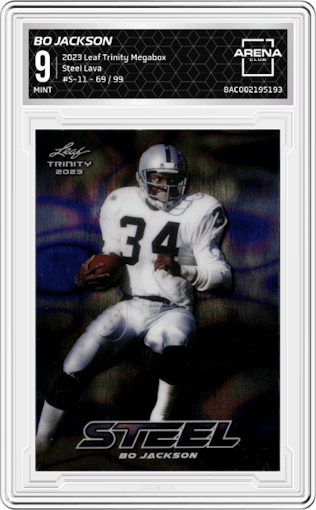 Bo Jackson from the 2023 Leaf Trinity Megabox set featuring a Lava parallel graded by Arena Club and given an overall grade of 9.