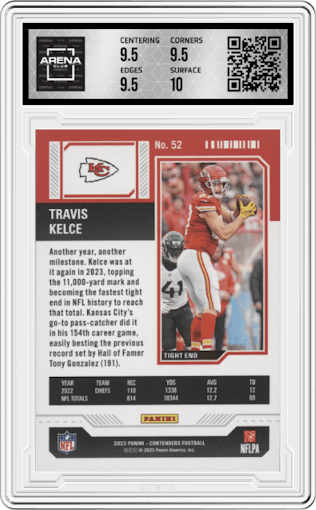 Travis Kelce from the 2023 Panini Contenders set featuring a Playoff Ticket parallel graded by Arena Club and given an overall grade of 10.