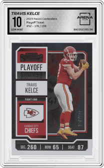 Travis Kelce from the 2023 Panini Contenders set featuring a Playoff Ticket parallel graded by Arena Club and given an overall grade of 10.