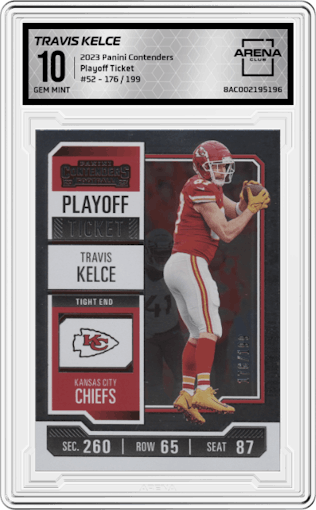 Travis Kelce from the 2023 Panini Contenders set featuring a Playoff Ticket parallel graded by Arena Club and given an overall grade of 10.