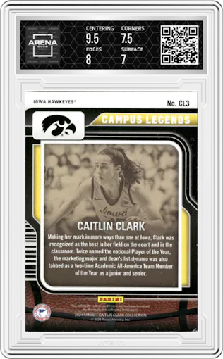 Caitlin Clark from the 2024 Panini Caitlin Clark Collection set graded by Arena Club and given an overall grade of 7.5.