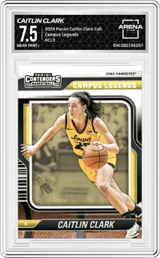 Caitlin Clark from the 2024 Panini Caitlin Clark Collection set graded by Arena Club and given an overall grade of 7.5.