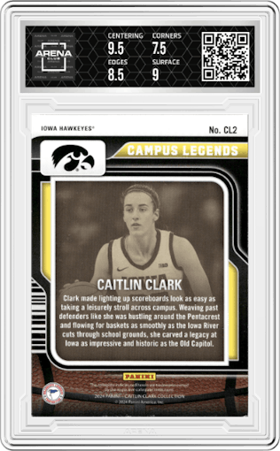 Caitlin Clark from the 2024 Panini Caitlin Clark Collection set graded by Arena Club and given an overall grade of 8.