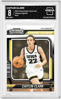 Caitlin Clark from the 2024 Panini Caitlin Clark Collection set graded by Arena Club and given an overall grade of 8.