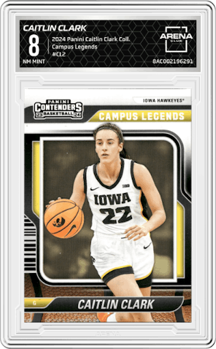 Caitlin Clark from the 2024 Panini Caitlin Clark Collection set graded by Arena Club and given an overall grade of 8.