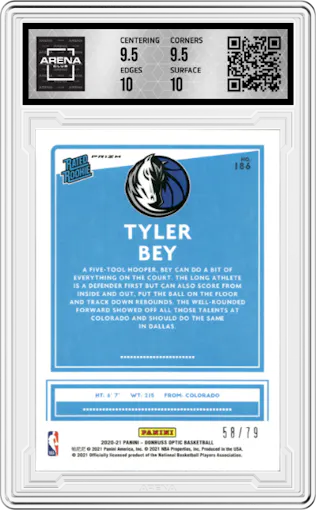 Tyler Bey from the 2020-21 Panini Donruss Optic set featuring a Pink Velocity parallel graded by Arena Club and given an overall grade of 10.