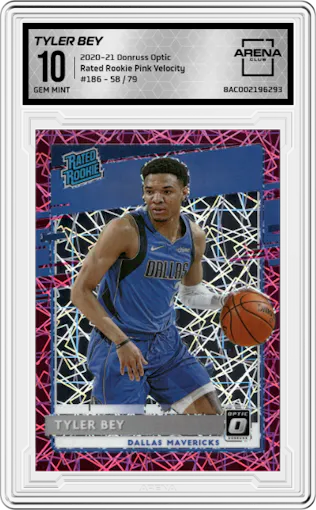 Tyler Bey from the 2020-21 Panini Donruss Optic set featuring a Pink Velocity parallel graded by Arena Club and given an overall grade of 10.