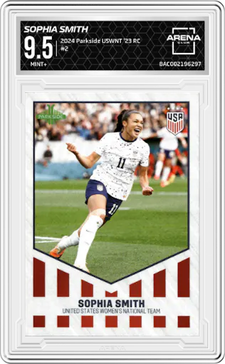 Sophia Smith from the 2024 Parkside USWNT 2023 Recap set graded by Arena Club and given an overall grade of 9.5.